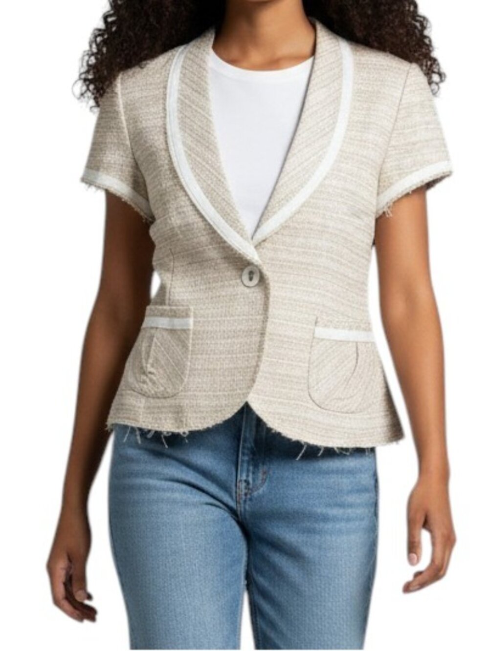 White House Black Market Beige Tweed Short-Sleeve Blazer